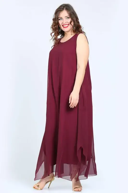 Women's Loose Fit Burgundy Chiffon Evening Dress KL3066 - 3