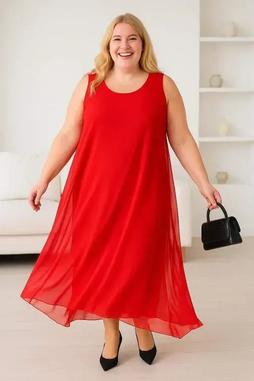 Women's Loose Fit RED Chiffon Dress KL3066 - 1