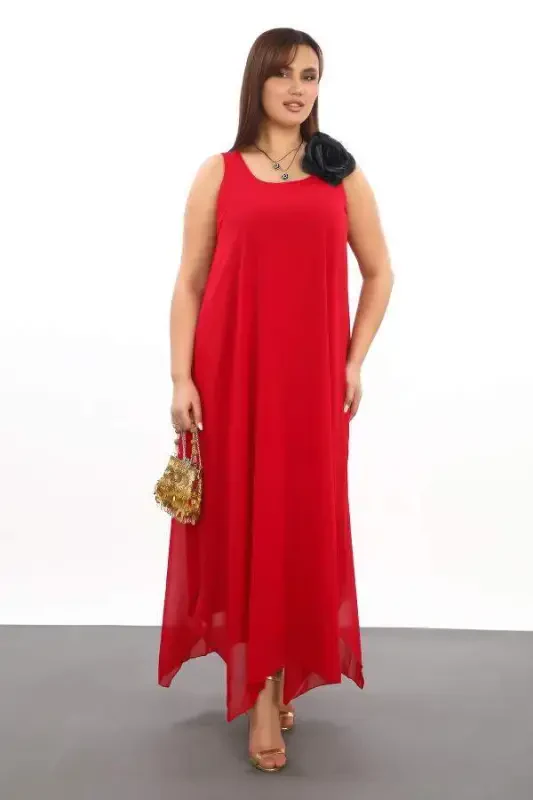 Women's Loose Fit RED Chiffon Dress KL3066 - 4