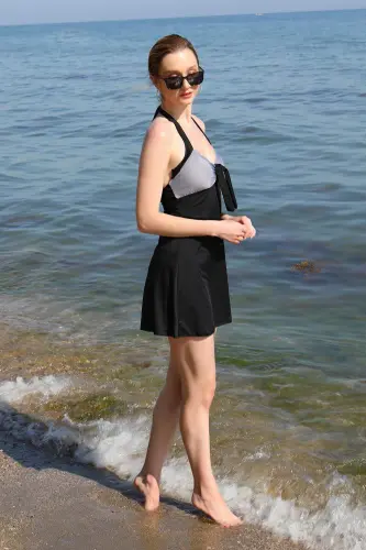 Women's Lycra Shortie Bow-tied Dress Swimsuit Black 37022 - 3