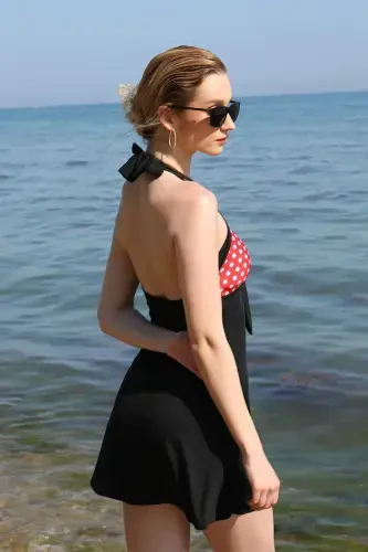 Women's Lycra Shorts Bow Dress Swimsuit Red 37021 - 1