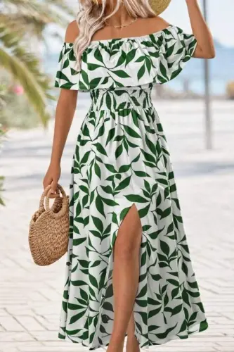 Women's Madonna Collar Elastic Bust Slit Long Patterned Supre Dress - 1