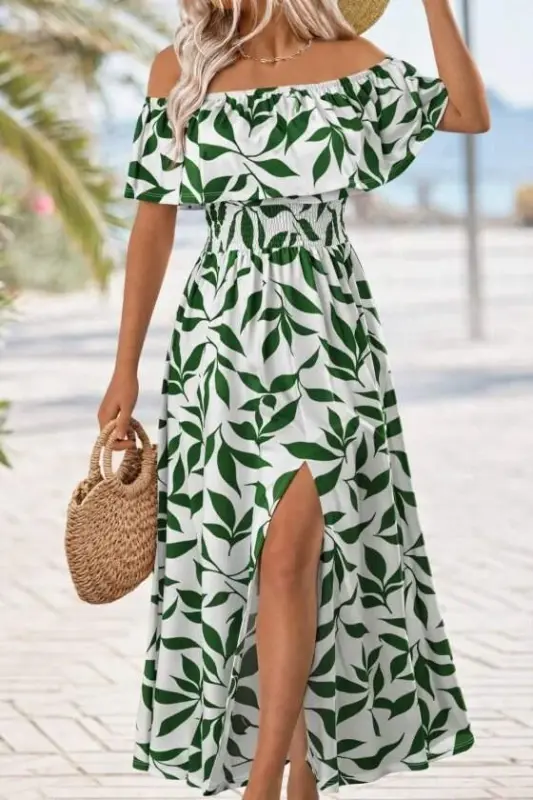 Women's Madonna Collar Elastic Bust Slit Long Patterned Supre Dress - BÜYÜKBEDENIZ