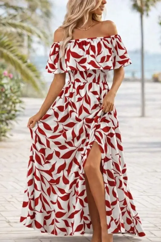 Women's Madonna Collar Elastic Bust Slit Long Patterned Supre Dress - 1