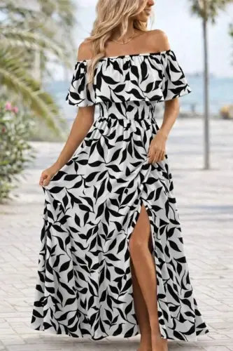 Women's Madonna Collar Elastic Bust Slit Long Patterned Supre Dress - 1