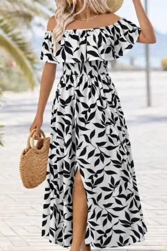 Women's Madonna Collar Elastic Bust Slit Long Patterned Supre Dress - 2