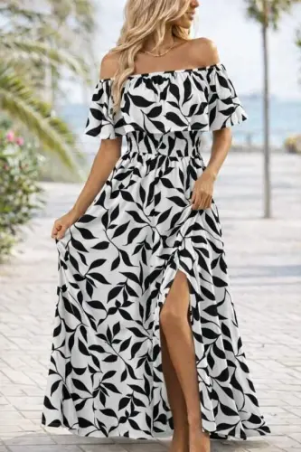 Women's Madonna Collar Elastic Bust Slit Long Patterned Supre Dress - 3