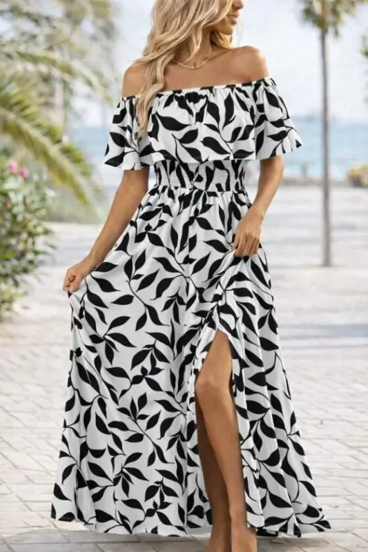 Women's Madonna Collar Elastic Bust Slit Long Patterned Supre Dress - 3