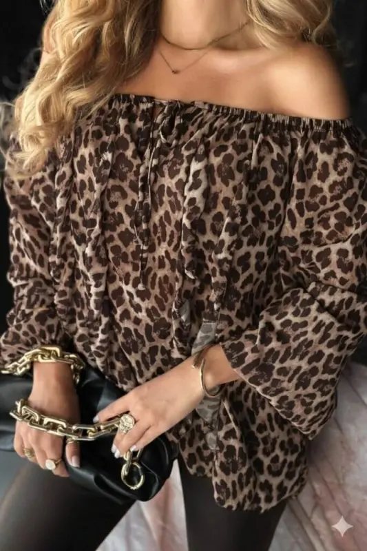 Women's Madonna Collar Lace-up Leopard Pattern Detailed Chiffon Blouse - 2