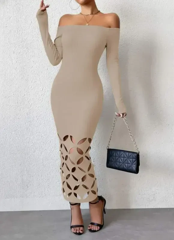 Women's Madonna Collar Long Sleeve Laser Cut Detailed Long Imported Crepe Dress - 1