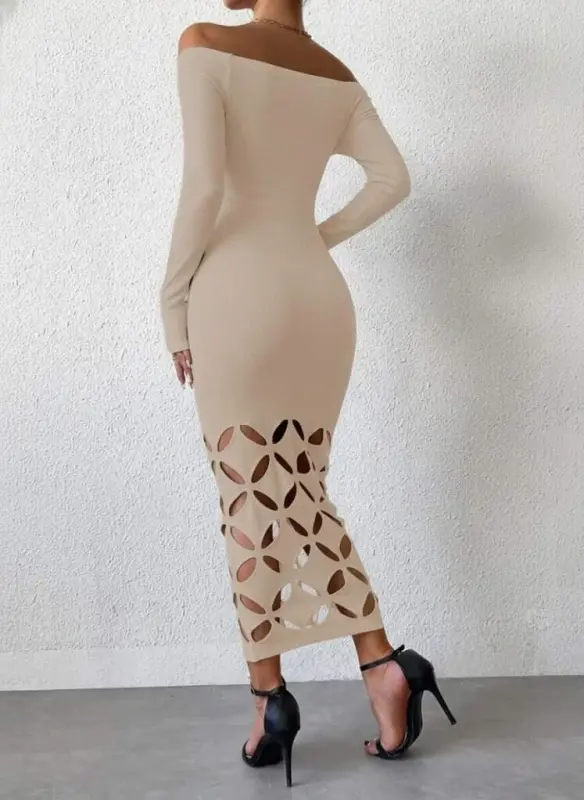 Women's Madonna Collar Long Sleeve Laser Cut Detailed Long Imported Crepe Dress - 3