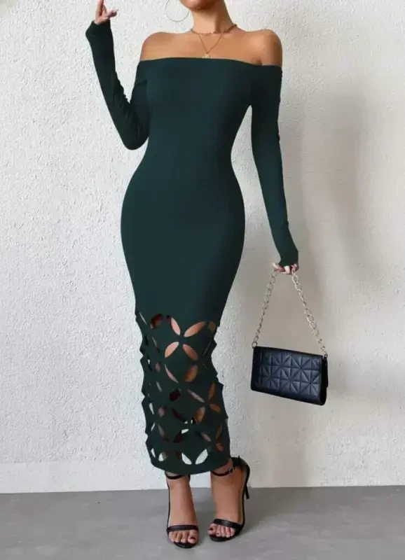 Women's Madonna Collar Long Sleeve Laser Floral Cut Detailed Long Imported Crepe Dress - 1