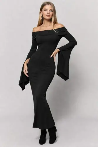Women's Madonna Collar Long Slit Detailed Long Imported Crepe Dress - BÜYÜKBEDENIZ (1)