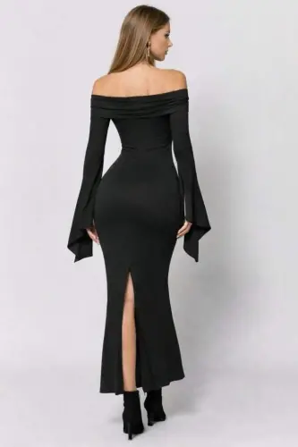 Women's Madonna Collar Long Slit Detailed Long Imported Crepe Dress - 3