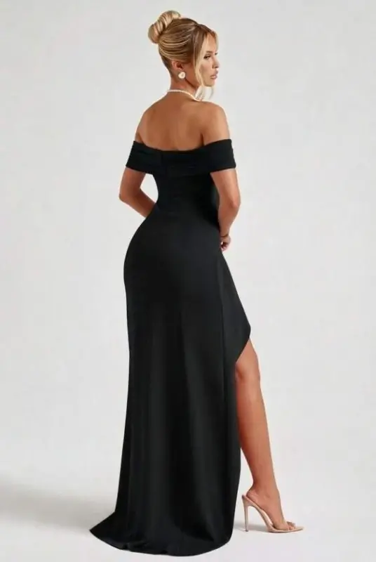 Women's Madonna Collar Pleated Deep Slit Long Imported Crepe Dress - 4