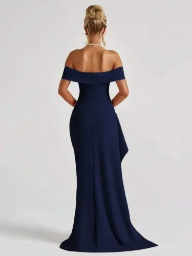 Women's Madonna Neck Pleated Deep Slit Long Imported Crepe Dress - 5