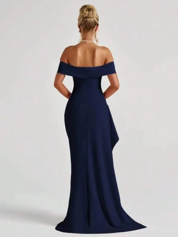 Women's Madonna Neck Pleated Deep Slit Long Imported Crepe Dress - 5