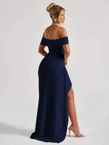 Women's Madonna Neck Pleated Deep Slit Long Imported Crepe Dress - 6