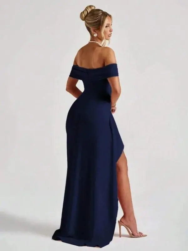 Women's Madonna Neck Pleated Deep Slit Long Imported Crepe Dress - 6