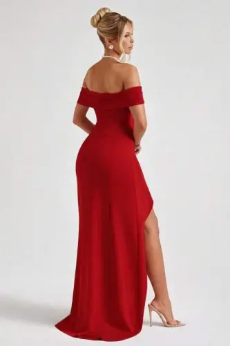 Women's Madonna Neck Pleated Deep Slit Long Imported Crepe Dress - 4