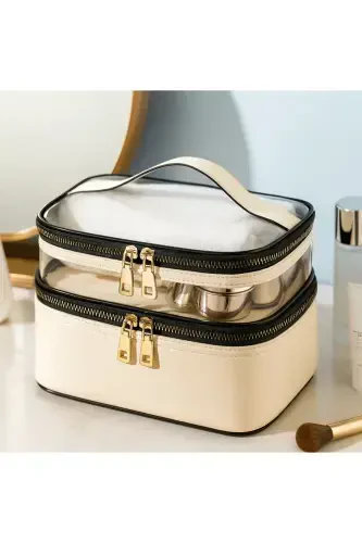 Women's Makeup Bag Beige Leather Transparent Practical Stylish Double Compartment Zippered Travel Makeup Bag - 1