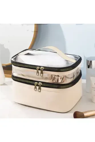 Women's Makeup Bag Beige Leather Transparent Practical Stylish Double Compartment Zippered Travel Makeup Bag - ARNEE (1)