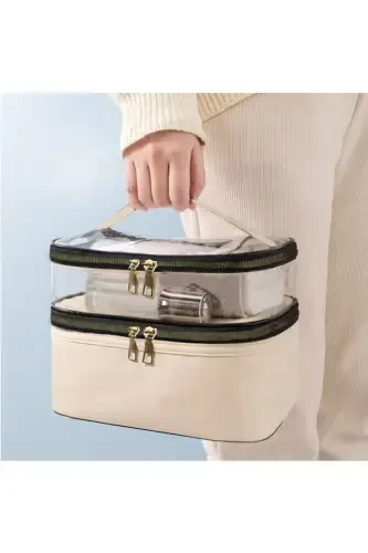 Women's Makeup Bag Beige Leather Transparent Practical Stylish Double Compartment Zippered Travel Makeup Bag - 3