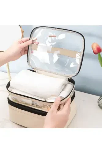 Women's Makeup Bag Beige Leather Transparent Practical Stylish Double Compartment Zippered Travel Makeup Bag - 4