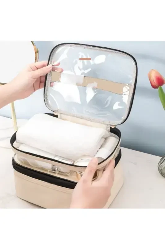 Women's Makeup Bag Beige Leather Transparent Practical Stylish Double Compartment Zippered Travel Makeup Bag - 4