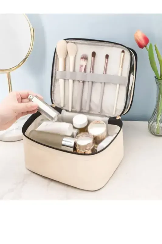 Women's Makeup Bag Beige Leather Transparent Practical Stylish Double Compartment Zippered Travel Makeup Bag - 5