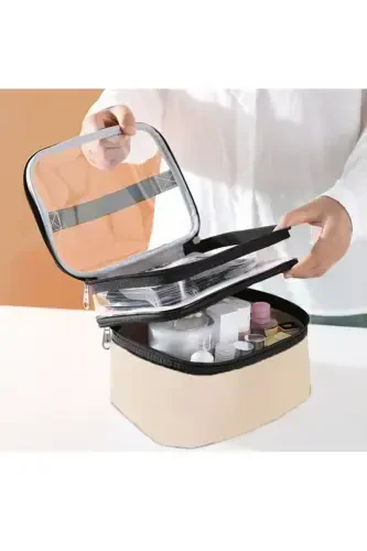 Women's Makeup Bag Beige Leather Transparent Practical Stylish Double Compartment Zippered Travel Makeup Bag - 6