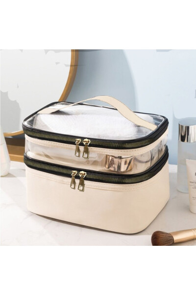 Women's Makeup Bag Beige Leather Transparent Practical Stylish Double Compartment Zippered Travel Makeup Bag - 6