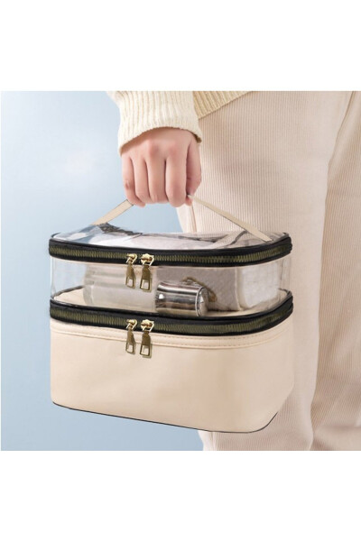 Women's Makeup Bag Beige Leather Transparent Practical Stylish Double Compartment Zippered Travel Makeup Bag - 7