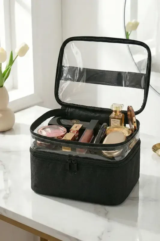 Women's Makeup Bag with Two Spacious Compartments, Strap, Foldable, Care Travel Organizer Makeup Bag - ANKAFLEX