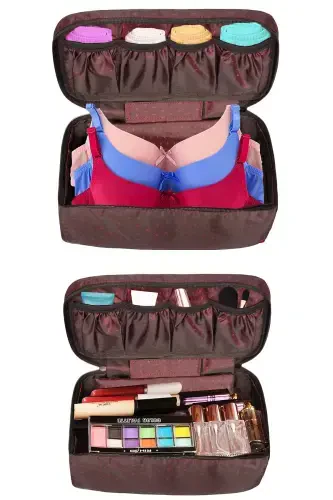Women's Makeup Brush Bra Storage And Lingerie Organizer Burgundy Makeup Bag-Burgundy - 1