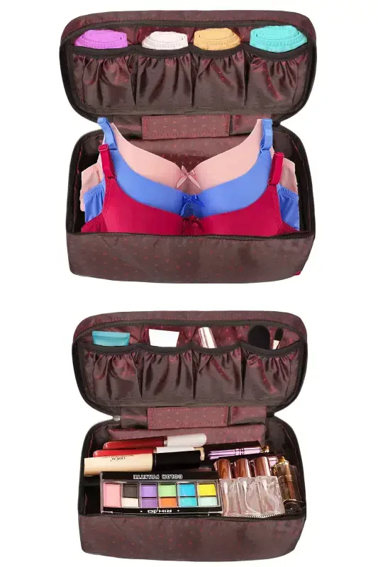Women's Makeup Brush Bra Storage And Lingerie Organizer Burgundy Makeup Bag-Burgundy - 3