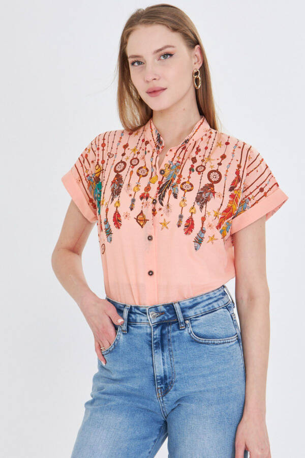 Women's Mandarin Collar Short Sleeve Shirt ARM-2 - 1