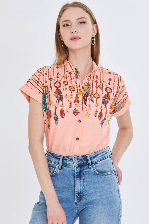 Women's Mandarin Collar Short Sleeve Shirt ARM-2 - 2