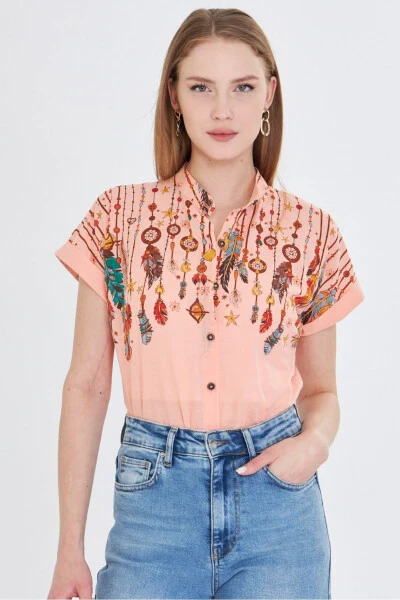 Women's Mandarin Collar Short Sleeve Shirt ARM-2 - 3
