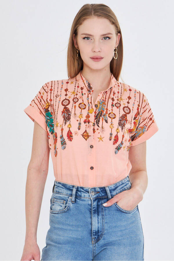 Women's Mandarin Collar Short Sleeve Shirt ARM-2 - 3