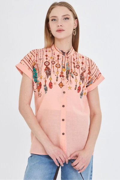 Women's Mandarin Collar Short Sleeve Shirt ARM-2 - 4