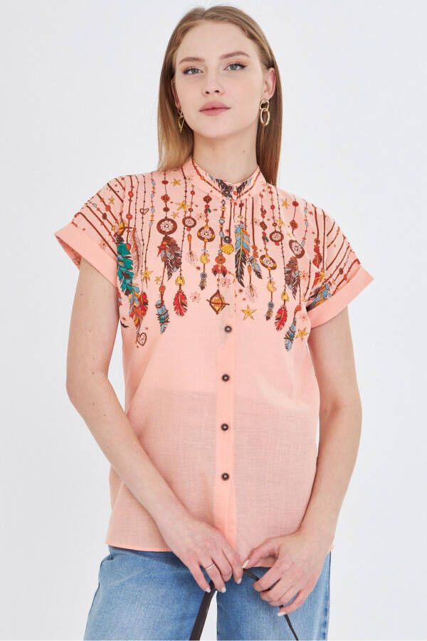Women's Mandarin Collar Short Sleeve Shirt ARM-2 - 4