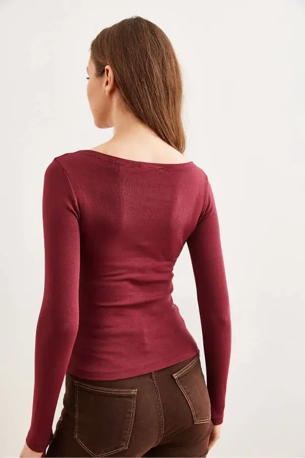 Women's Maroon Boat Neck Knit Modal Stretch Blouse BLZ-19002804 - 6