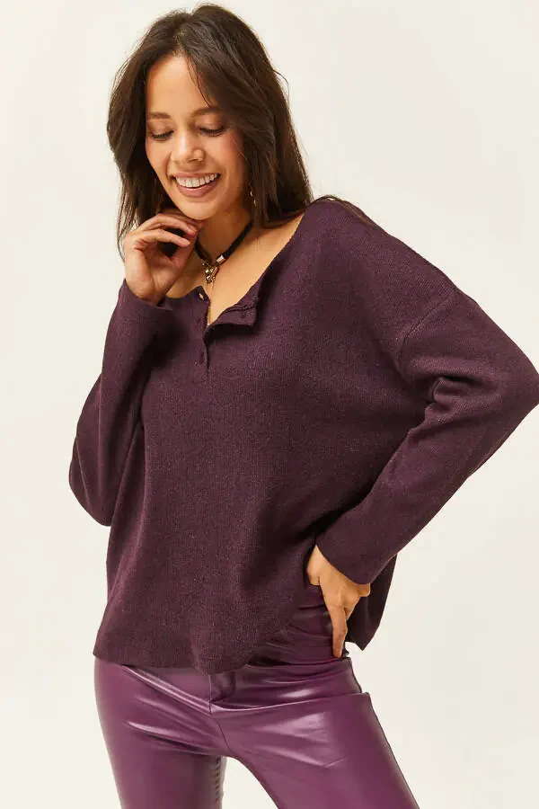 Women's Maroon Buttoned Thistle Loose Sweater KZK-19000721 - 1