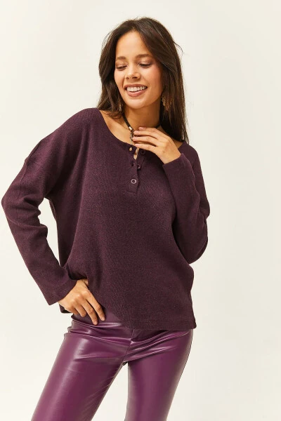 Women's Maroon Buttoned Thistle Loose Sweater KZK-19000721 - OLALOOK (1)