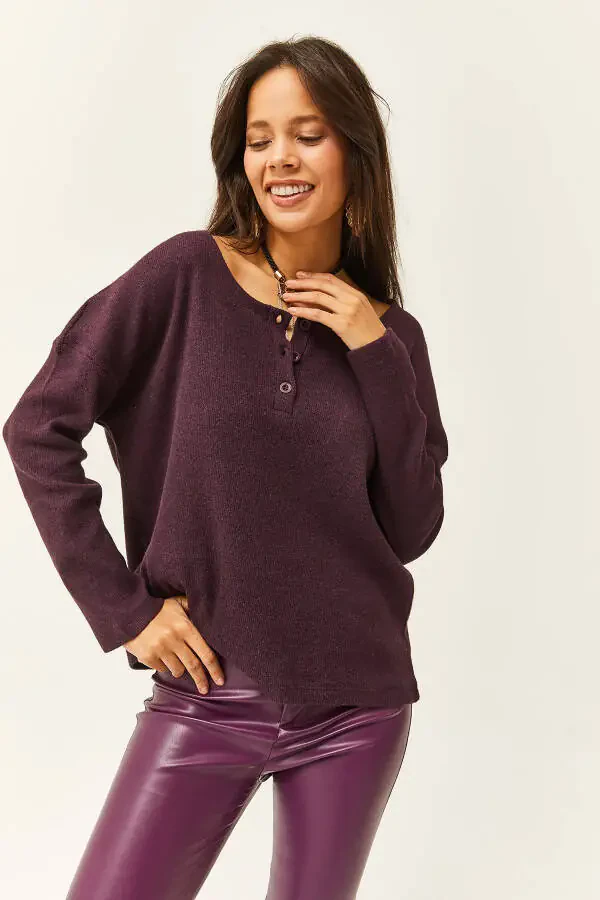 Women's Maroon Buttoned Thistle Loose Sweater KZK-19000721 - 2