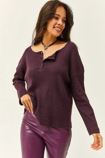 Women's Maroon Buttoned Thistle Loose Sweater KZK-19000721 - 3