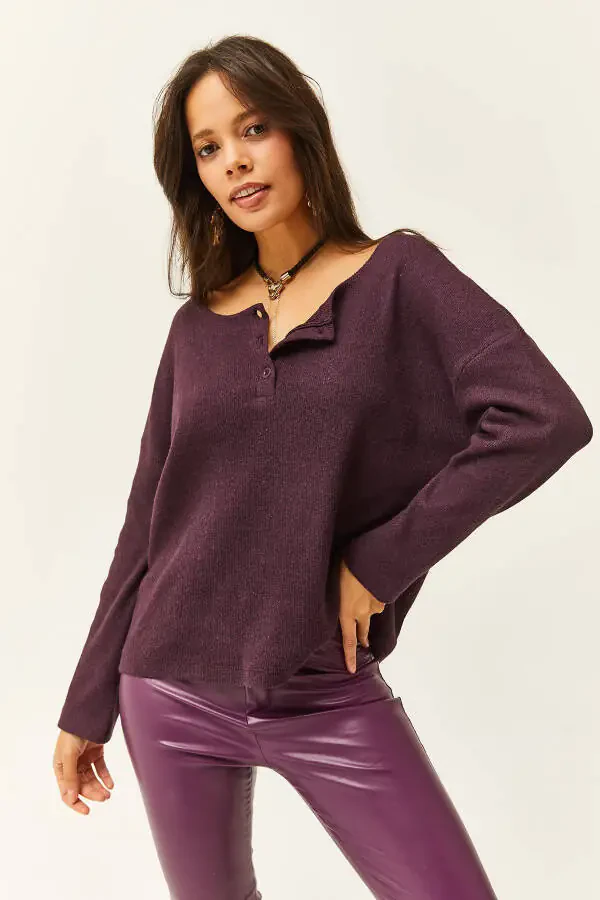 Women's Maroon Buttoned Thistle Loose Sweater KZK-19000721 - 4