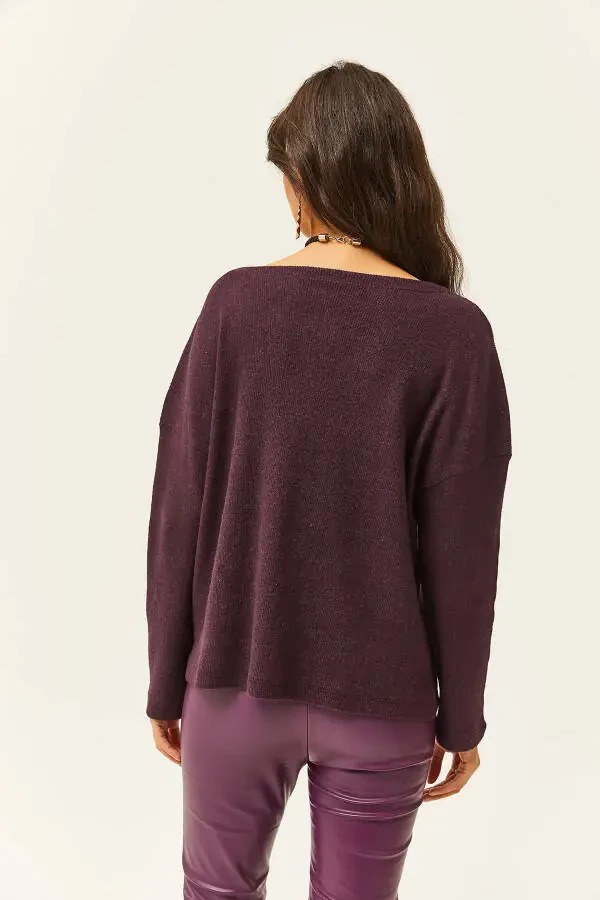 Women's Maroon Buttoned Thistle Loose Sweater KZK-19000721 - 5