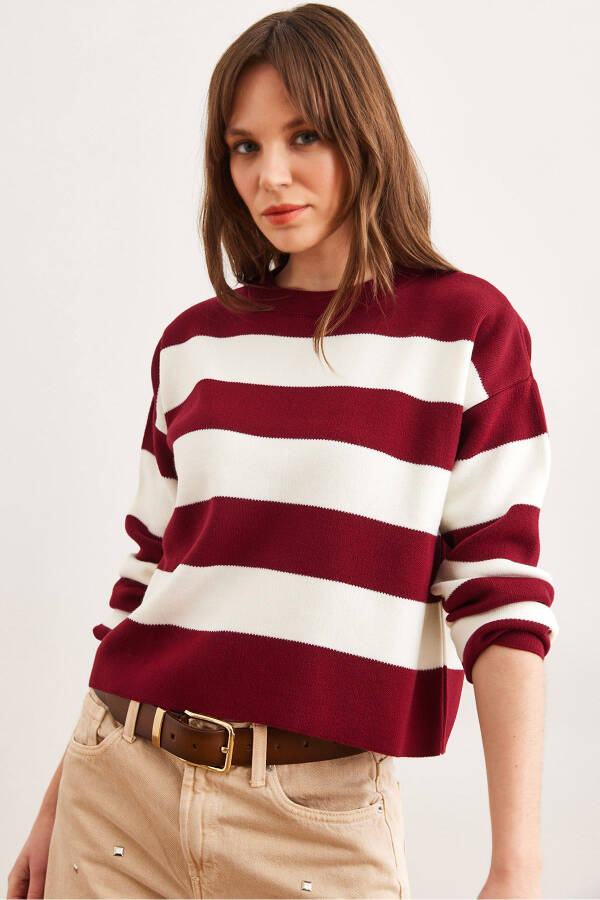Women's Maroon Crewneck Striped Knit Sweater - 1